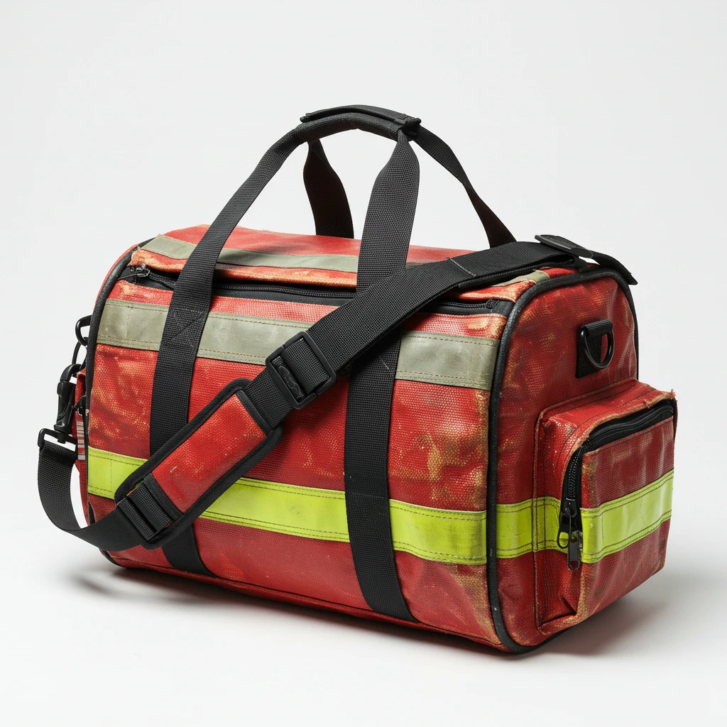 Persona caminando en ciudad con bolso hecho de manguera reciclada - moda circular sostenible