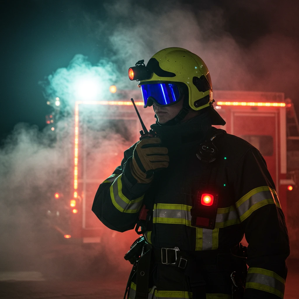 equipamiento tecnológico para bomberos con visor térmico y radio digital